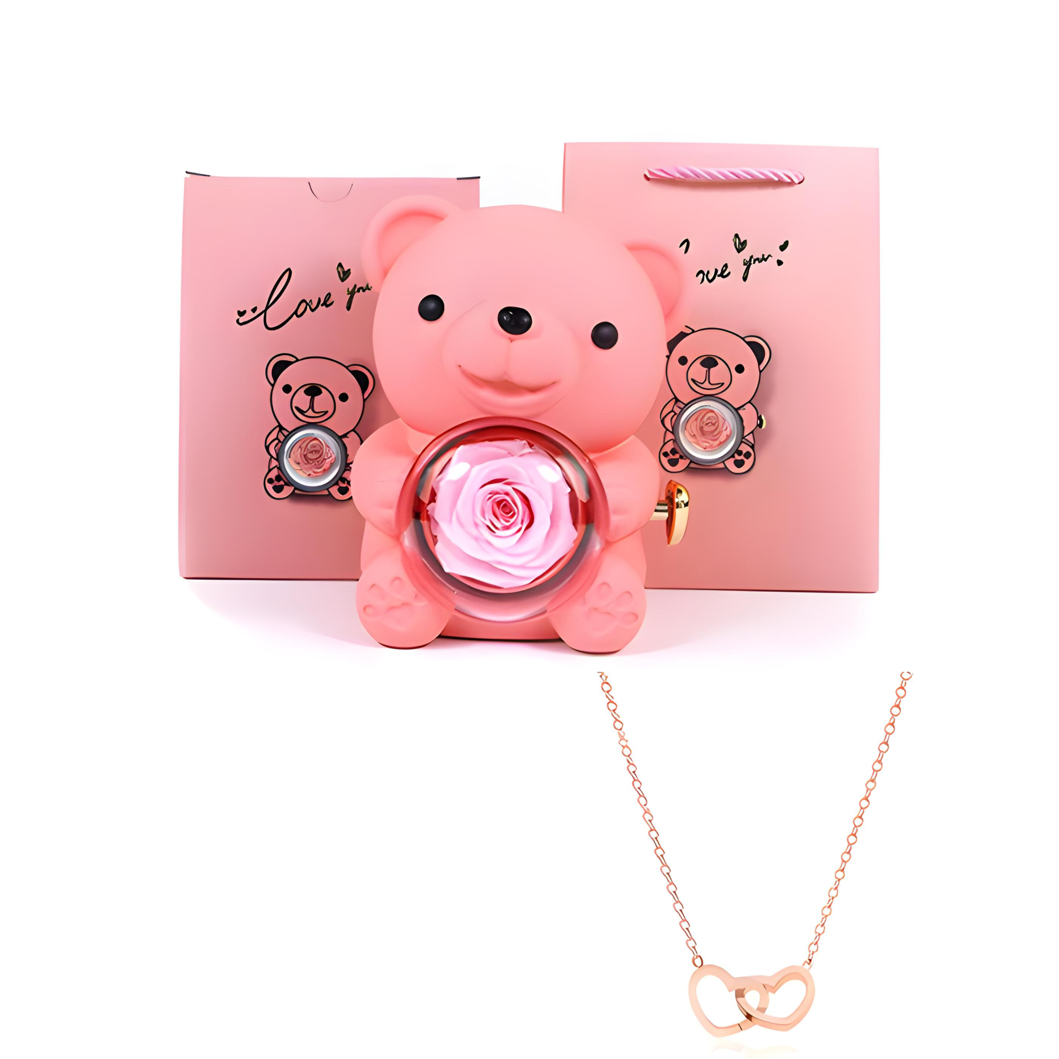 Preserved Rose Teddy Bear with Heart Necklace