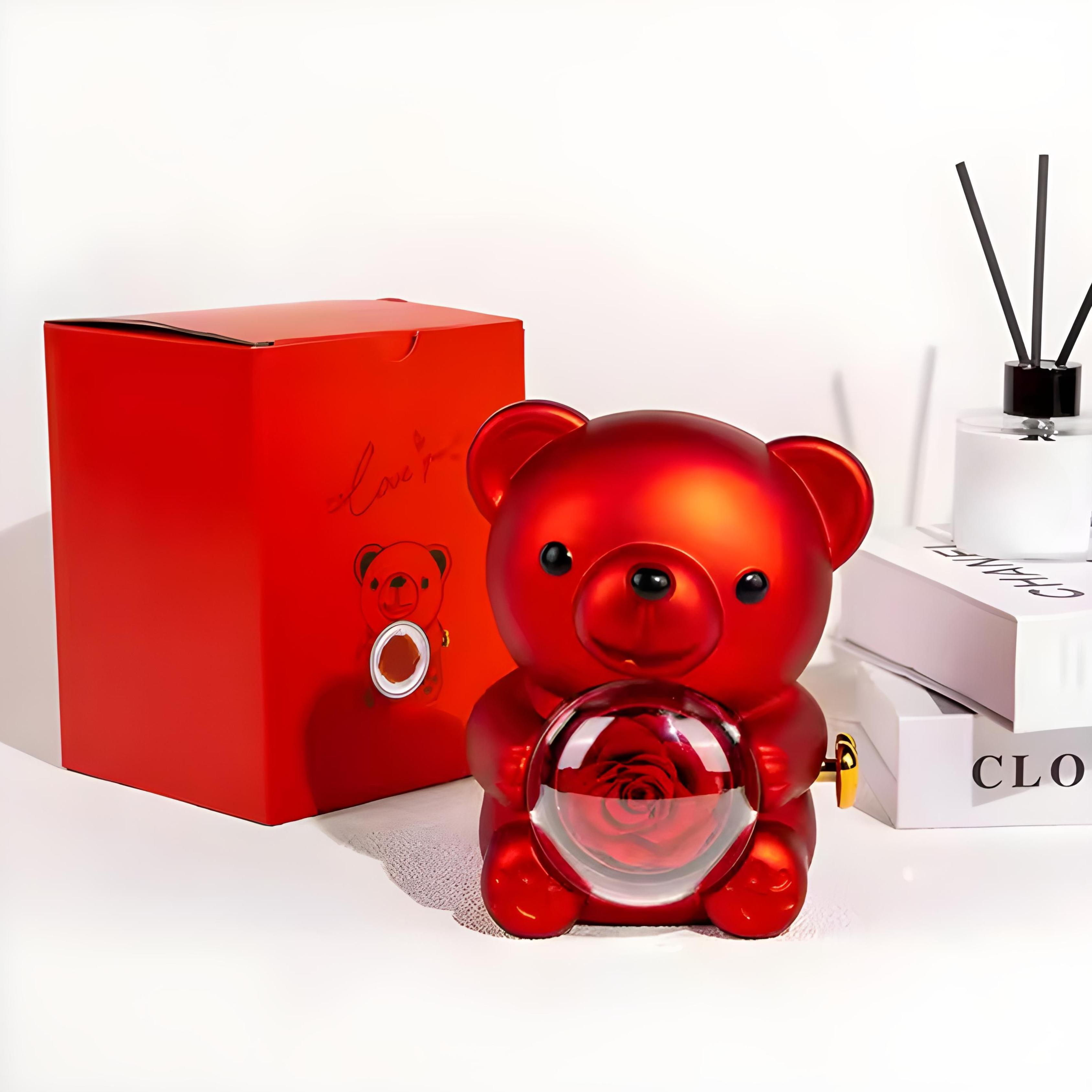 Preserved Rose Teddy Bear with Heart Necklace