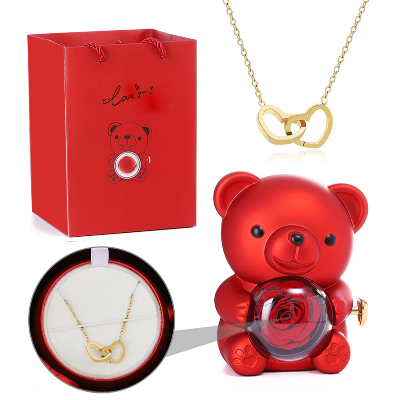 Preserved Rose Teddy Bear with Heart Necklace