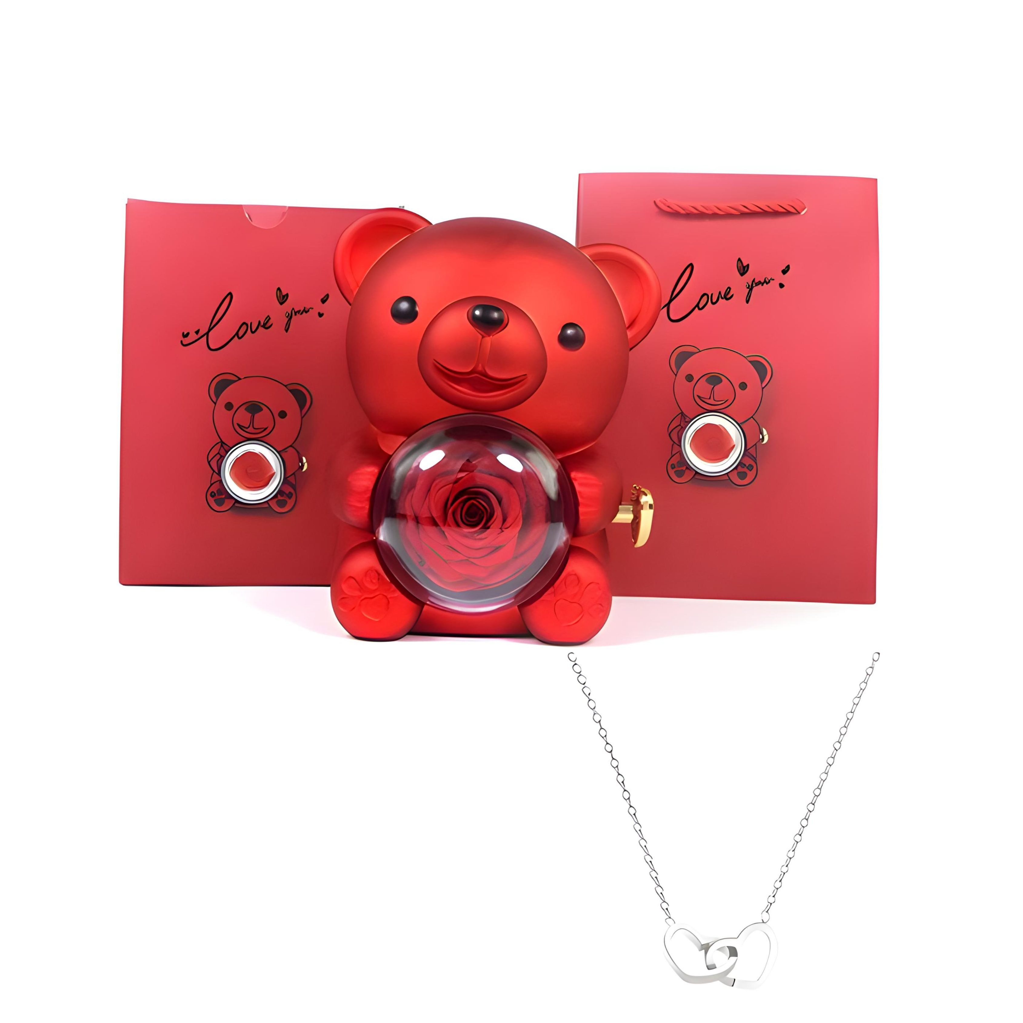 Preserved Rose Teddy Bear with Heart Necklace
